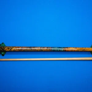 Full view of the handcrafted Coral pool cue featuring blue resin stabilized amboyna burl